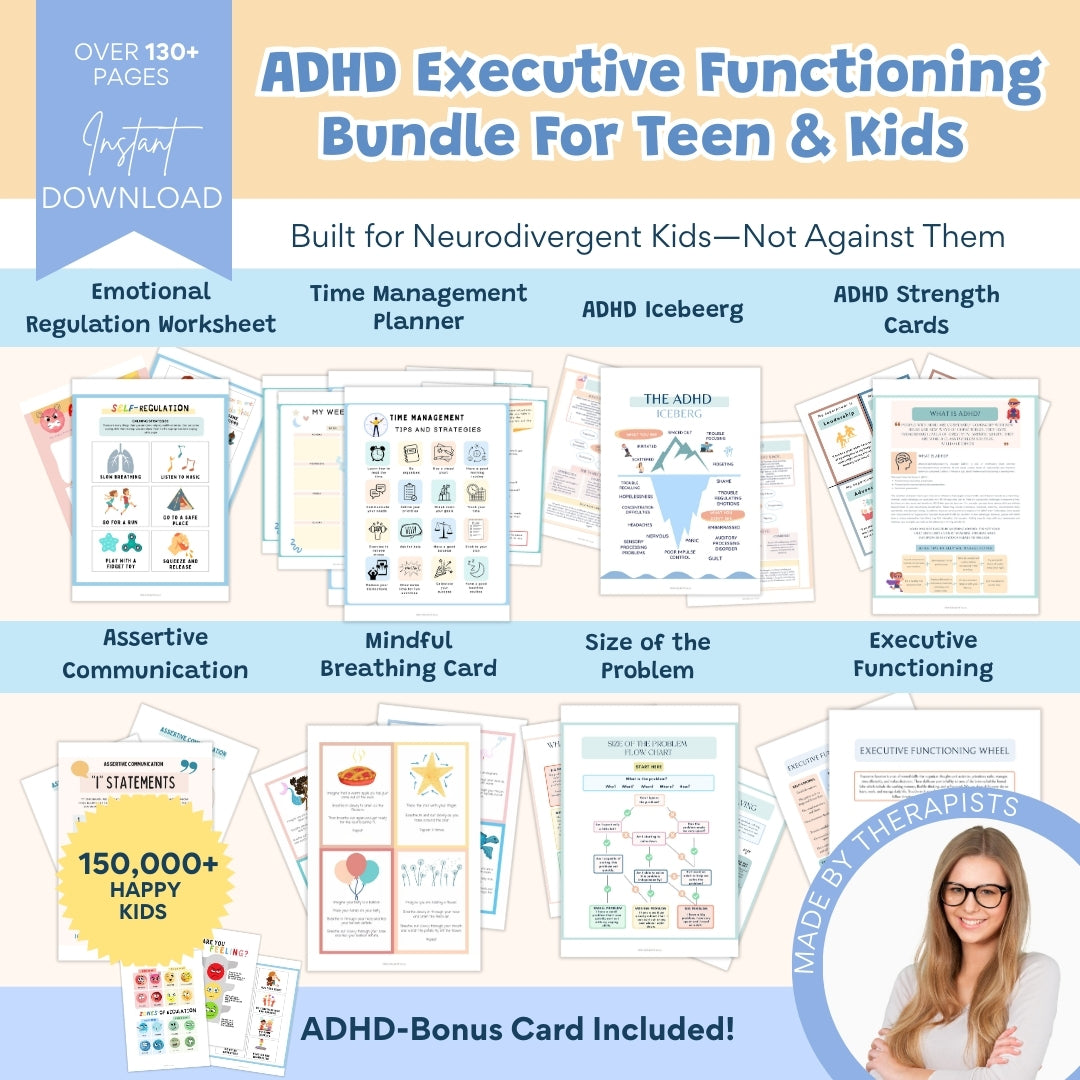 ADHD Executive Functioning Worksheet Bundle for Teens & Kids | Emotional Regulation, Time Management & Focus Tools (130+ Pages)